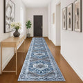 KOZYFLY Runners for Hallways 3x16 Ft Extra Long Washable Kitchen Thin Runner Rug Boho Runner Rug for Entryway Indoor Blue Printed Oriental Faux Wool Stair Floor Carpet Runner for Stair Kitchen Hall