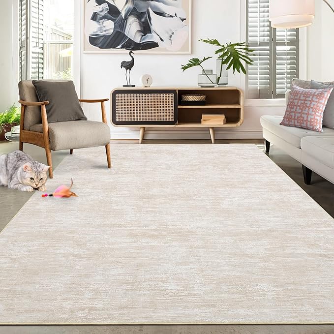 RUGSREAL 6x9 Large Bedroom Area Rug Washable Rug Soft Modern Area Rug for Living Room Non-Slip Stain Resistant Abstract Throw Floor Carpet Contemporary Rug Solid Rug for Dining Room Office, Beige