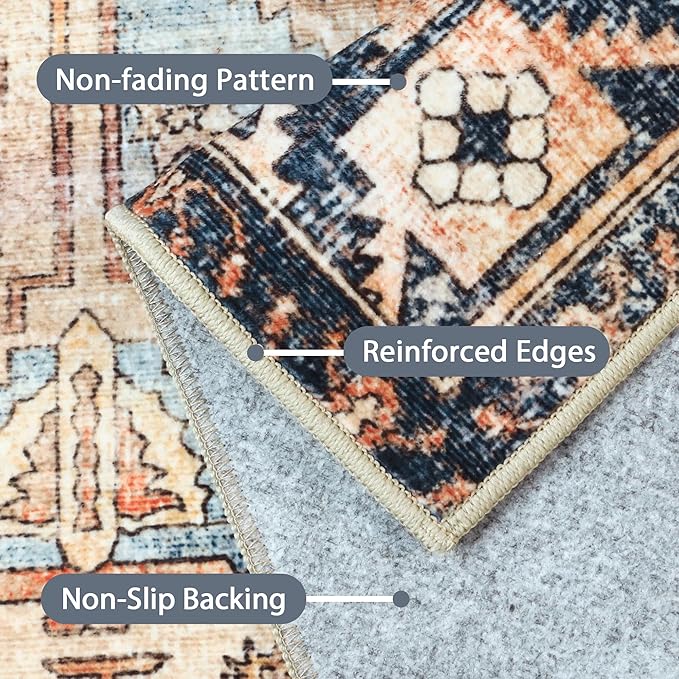 Bavni Washable Rug 8x10 Area Rug for Living Room Bedroom Dining, Washable Vintage Print Carpet, Ultra-Thin Low Pile Lightweight Rug with Non Slip Backing, Multi Beige