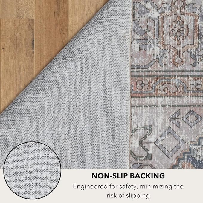 Kuden 6x9 Area Rug, Machine Washable Area Rug with Non-Slip Backing, Vintage Style, Soft, Easy Clean, Low Pile Rug for Living Room, Bedroom, Dining Room