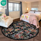6ft Round Machine Washable Area Rug for Living Room, Black Vintage Boho Floral Rug Large Non-Slip Low Pile Soft Faux Wool Carpet, Kids and Pets Friendly for Bedroom Nursery Farmhouse Home Decor Rug