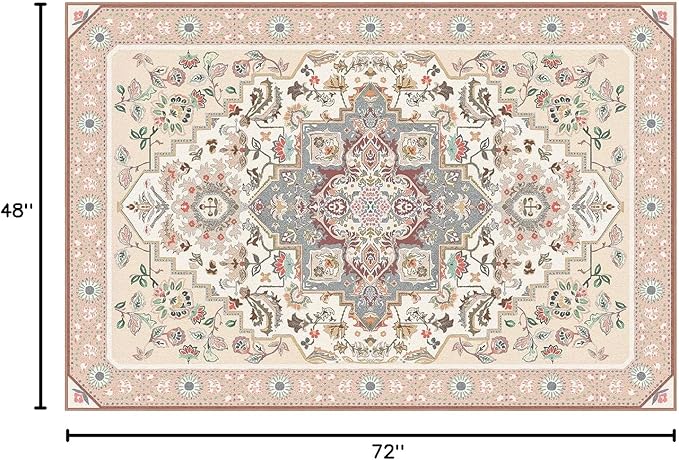 Phantoscope Washable Area Rug 4'x6' Non-Slip, Vintage Boho Rugs for Living Room, Bedroom, Dining Room, Persian Floral Medallion Pattern, Low-Pile Foldable Floor Carpet, Ivory Rose/Fall Bloom