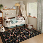 Vintage Medallion Floral 4x6 Rug, Machine Washable Non-Slip Area Rug, Low Pile Soft Carpet for Entry, Living Room, Office, Kids, Girl/Boys Room | Black