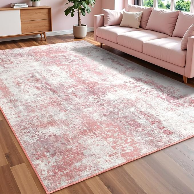 Washable Abstract Rug, 8x10 Modern Area Rugs with Non-Slip Rubber Backed for Living Room, Thin but Soft Contemporary Carpet Kitchen Bedroom Dining Room Decor, Pink