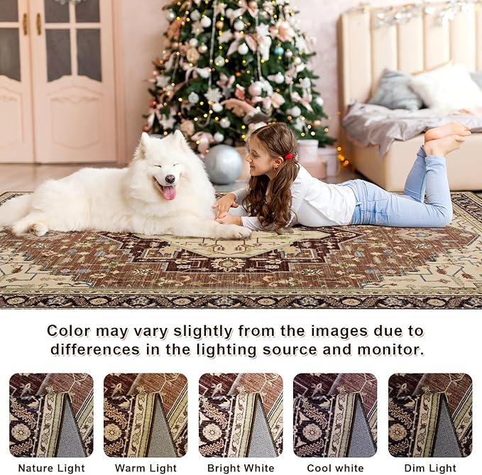 3x5 Mousse Brown Area Rug for Living Room, Machine Washable Rugs with Non-Slip Backing for Bedroom, Vintage Medallion Carpet Kitchen Laundry Kids Room Decor