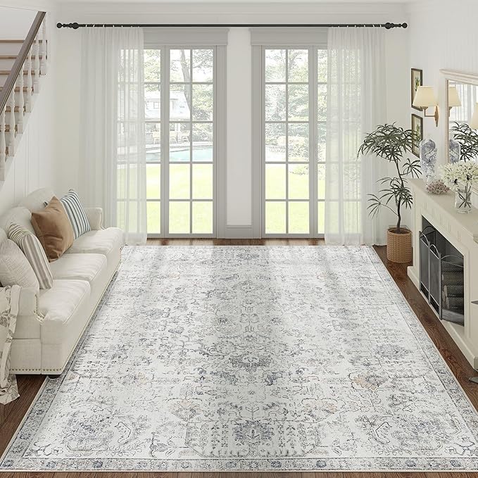 jinchan Kalen Area Rug 8x10 Washable Living Room Rug Vintage Indoor Large Floor Cover Retro Accent Mat Distressed Gray Floral Country Boho Non Slip Thin Carpet for Bedroom Dining Room Office Grey
