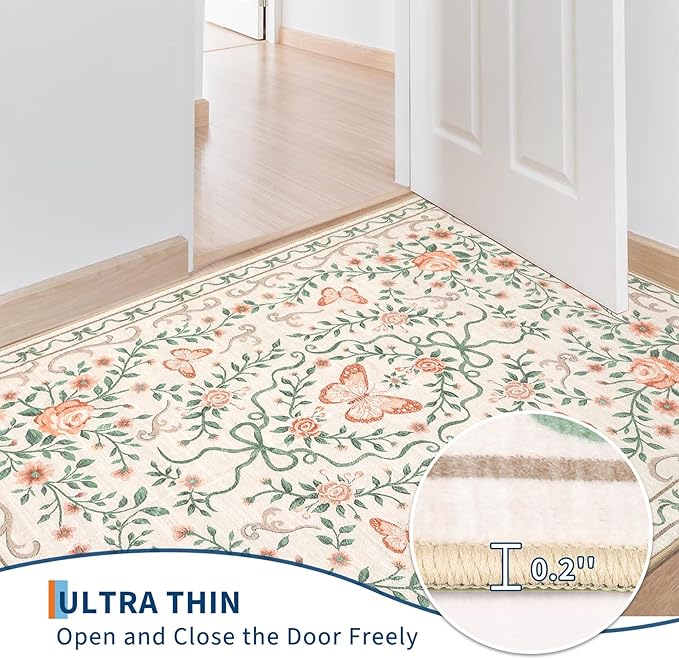GarveeHome 2x3 Floral Area Rug Non Slip Entryway Mat Low Pile Stain Resistant Butterfly Kitchen Rugs Soft Small Throw Carpet for Dining Room Bedroom Washable Bow Rugs for Living Room Bathroom, 2x3