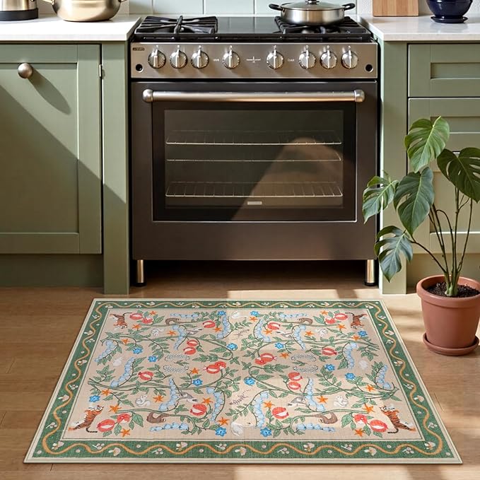 Collive 2x3 Small Rugs for Entryway, Green Washable Jungle Animal Kitchen Rugs for Bathroom Non Slip Indoor Door Mat, Soft Ultra-Thin Throw Carpet for Bedroom Entry Home Decor