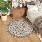 Rugcomf Vintage Paisley Round Rug 4ft - Machine Washable Area Rug, Non-Slip Low Pile Floral Carpet for Entryway, Living Room, Bedroom, Dining Room, Kids, Bathroom, Office - Beige
