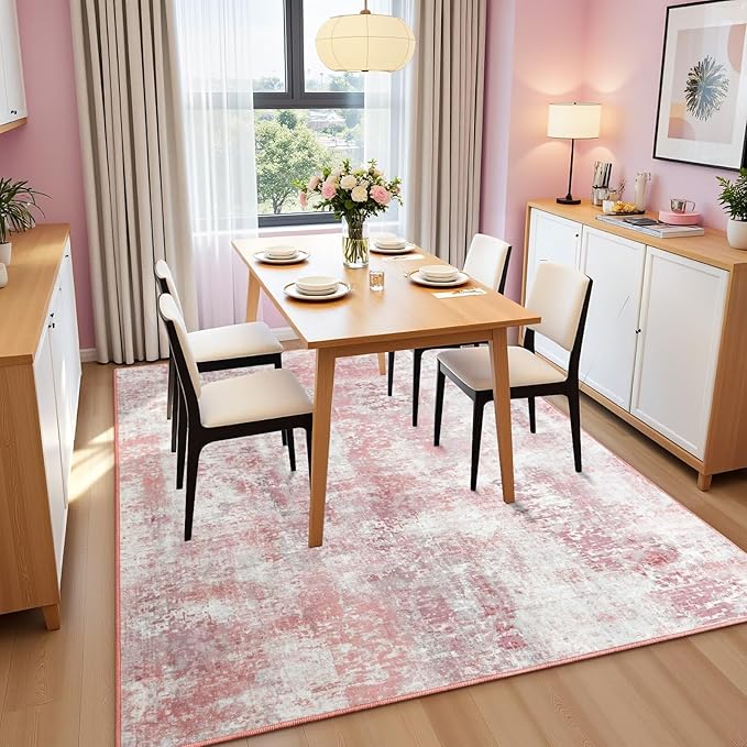 Washable Abstract Rug, 3x5 Modern Area Rugs with Non-Slip Rubber Backed for Bedroom, Thin but Soft Contemporary Carpet Kitchen Living Room Decor, Pink