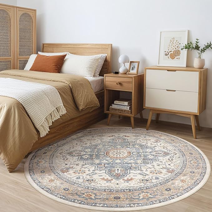 Round Rug Living Room Rugs: 8Ft Washable Boho Neutral Large Circle Soft Indoor Distressed Stain Resistant Floor Farmhouse Carpet for Bedroom Nursery Kids Playroom Office Dining Room Dorm- Beige Blue