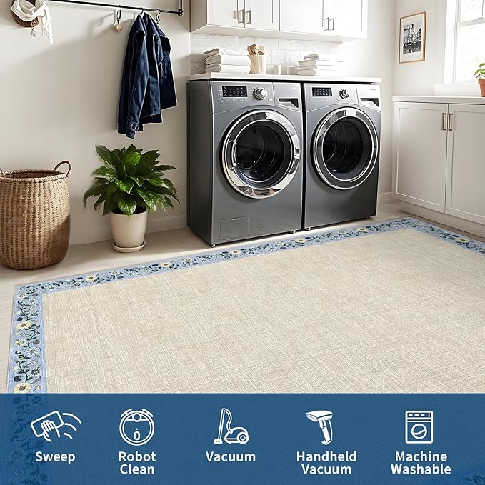 GarveeHome Washable Living Room Rug 9x12 Floral Bordered Area Rugs Soft Thin Indoor Carpet for Bedroom Modern Throw Aesthetic Mat Non Slip Stain Resistant Carpet for Dining Room Office, Beige
