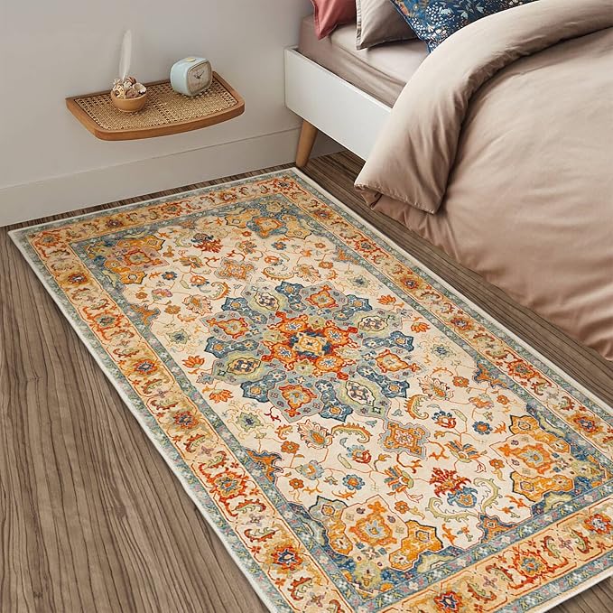 COMSLE Boho Area Rug, 3' x 5' Machine Washable Rugs for Entryway Faux Wool Large Rugs Distressed Throw Rug Non-Slip Floor Carpet for Indoor Bedroom Kitchen Living Room