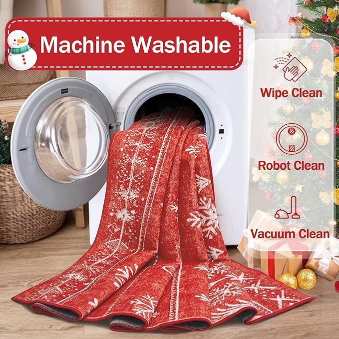 Christmas Area Rug 8x10 Living Room Rugs, Machine Washable Boho Christmas Tree Snowflake Rug Non-Slip Soft Low Pile Holiday Indoor Rugs for Bedroom Kitchen Dining Room Office(Xmas Red, 8'x10')