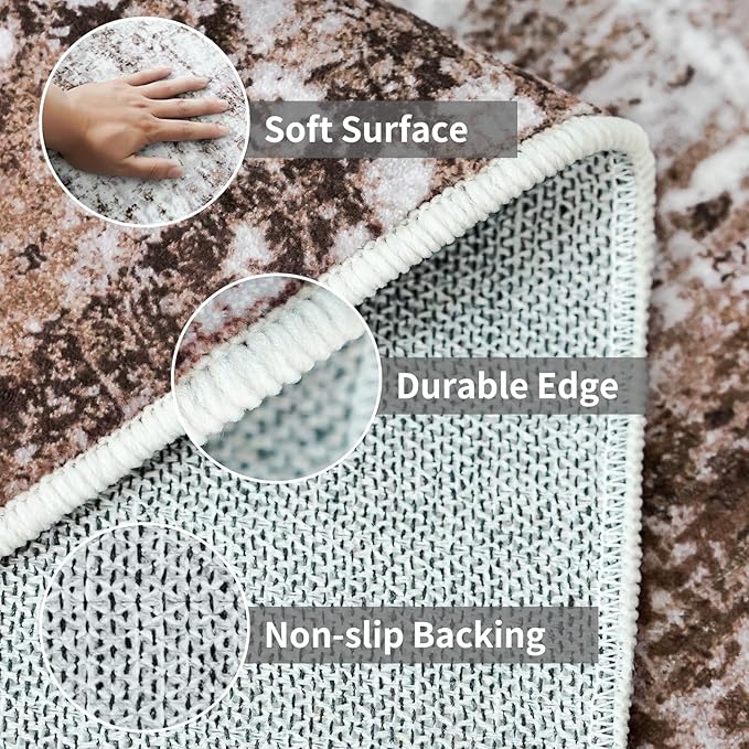 2x6 Washable Runner Rugs for Hallway: Easy-to-Clean Abstract Runners for Entryway Bedroom - Stain and Water Resistant Rugs with Non-Slip Backing - Soft Low-Pile Carpet Brown Khaki White