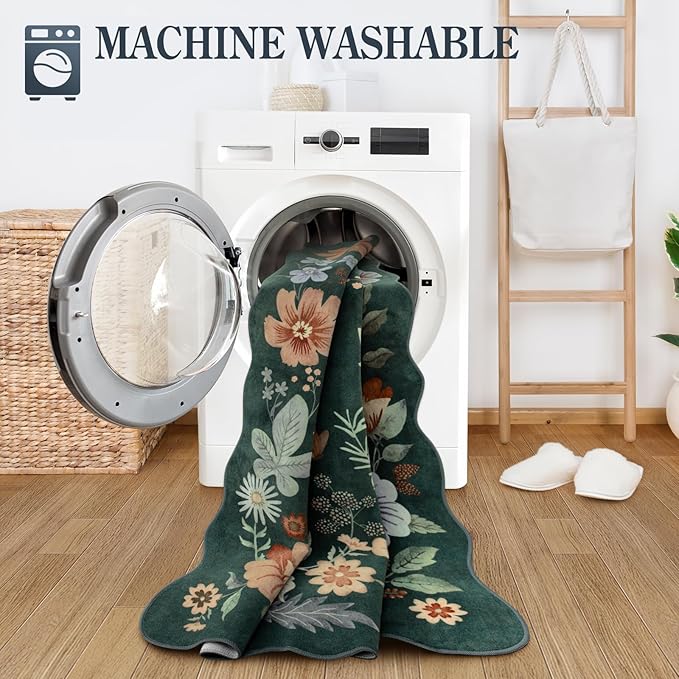 Lahome Floral Small Rug, 2x4 Kitchen Rugs Non Slip Washable Rug Ultra-Thin, Soft Front Door Mat Indoor Entrance Stain Resistant Boho Low-Pile Entry Carpet for Bathroom Bedroom(2x4ft,Dark Green)