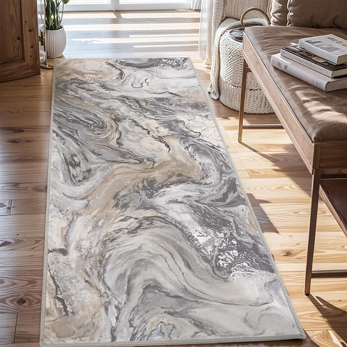 2x8 Runner Rug for Hallways Kitchen Modern Abstract Washable Runner Rug Soft Non Slip Marble Carpet Runner for Laundry Entryway Bedroom Bathroom