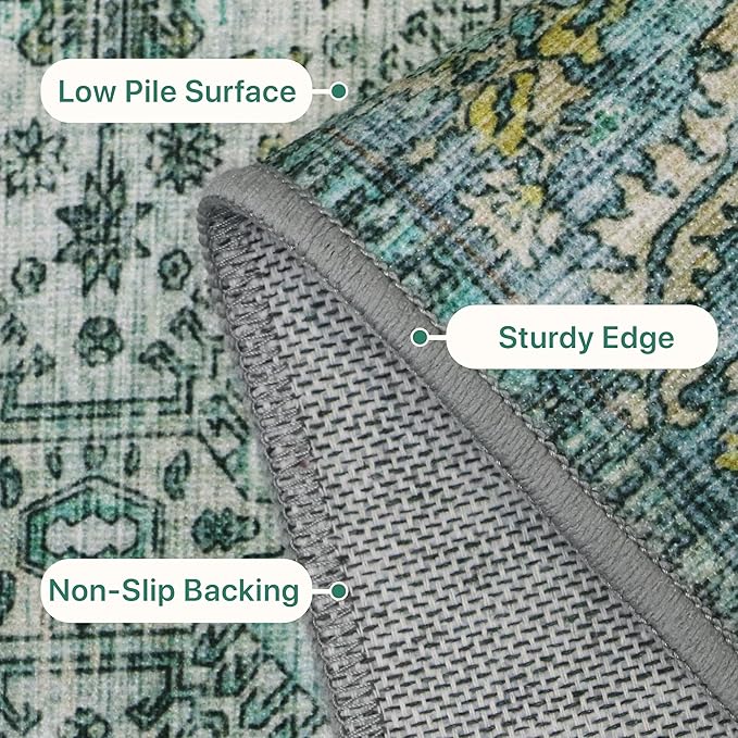 Bavni 6x9 Area Rugs for Living Room, Machine Washable Rug Non Slip, Vintage Chenille Distressed Print Carpet, Large Low Pile Ultra-Thin Lightweight Rugs for Bedroom, Dining Room, Home, Office, Cyan