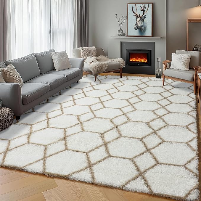 ONASAR Rugs for Living Room Bedroom, 5x8 Washable Fluffy White and Beige Area Rug, Geometric Boho Soft Plush Shaggy Floor Carpet Mat for Nursery Kids Girls Boys Teen Dorm Home Decor Aesthetic