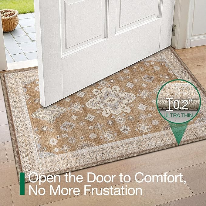 LUMI Indoor Thin Door Mat, 18x30 Washable Small Inside Doormat, Non Slip Low Pile Oriental Floor Carpet, Vintage Distressed Area Rug for Front Door,Entrance,Bedroom, Amber
