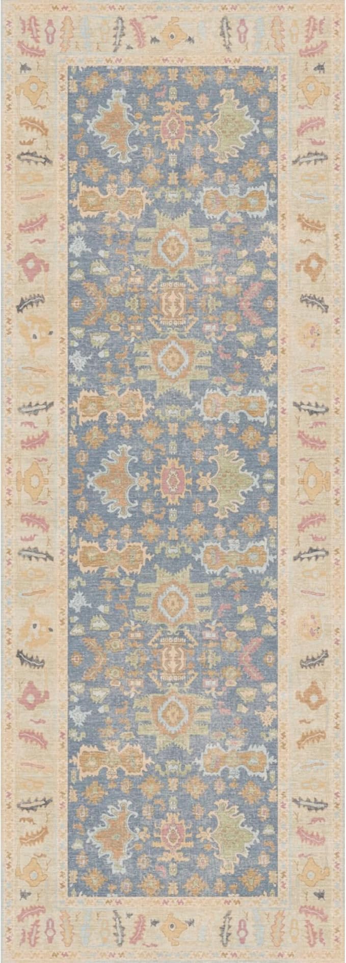 Kuden 2'6"x12 Runner Rug, Machine Washable Area Rug with Non-Slip Backing, Vintage Style, Soft, Easy Clean, Low Pile Rug for Hallway, Entryway, Kitchen, Bedroom
