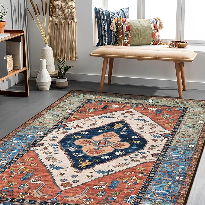 Lahome Boho Rugs for Living Room - 4x6 Area Rug Machine Washable Bedroom Rugs Non-Slip Low-Pile Entryway Carpet Throw Oriental Distressed Kitchen Indoor Floor Carpet for Dining Room Bathroom Office
