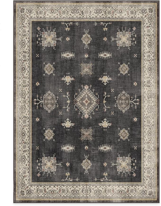 RUGGABLE Washable Vintage Area Rug – Verena Dark Wood 6x9, Stain-Resistant, Non-Slip – Medium Machine Washable Rugs for Living Room, Bedroom, Hallway, Entryway & Office–with Cushioned Pad