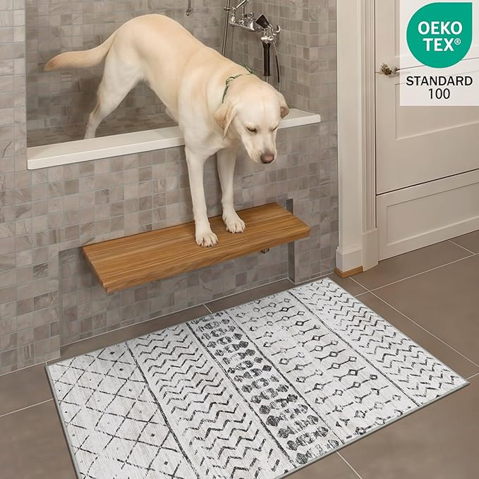 2x3 Machine Washable Area Rug for Entryway, Grey White Vintage Moroccan Rug Non-Slip Low Pile Soft Faux Wool Small Carpet, Kids and Pets Friendly for Bedroom Kitchen Hallway Home Decor Rug