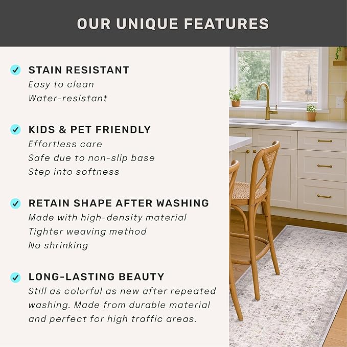Boho Light Grey Living Room Rug 6x8 - Modern Vintage Eclectic Floral Paste Neutral Taupe, Washable Low Pile Non-Slip Large Area Rugs for Dining Under Table, Bedroom