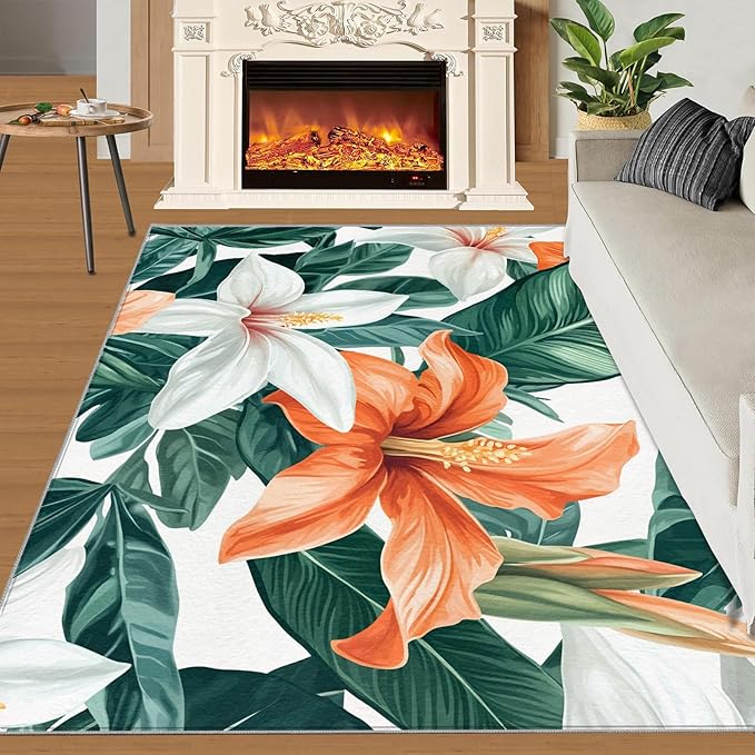 Lily Flowers Rugs for Bedroom - 5x8 Area Rug - Abstract 3D Flowers Rugs for Living Room, Tropical Plants Rug, Washable Home Decor Carpet