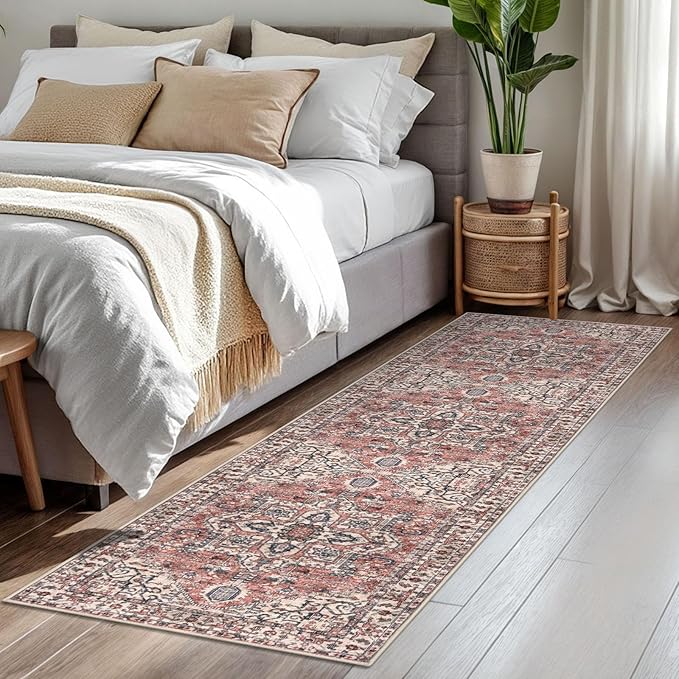 KOZYFLY Runners for Hallways 2x7 Ft Washable Kitchen Runner Rug Boho Runner Rug for Entryway Indoor Printed Faux Wool Long Floor Carpet Runner for Bedroom Laundry Kitchen Hallway, Terracotta/Beige