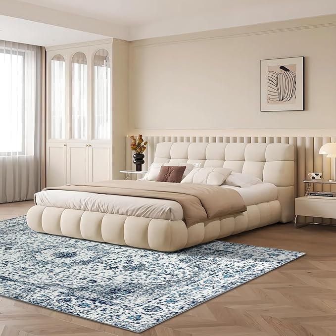 Easy-Going Large Area Rug 8x10 Washable Boho Rugs for Living Room Non-Slip Bedroom Rug Low Pile Lightweight Floral Print Vintage Throw Rug for Dining Room Kitchen Home Office Carpet, Blue Cream