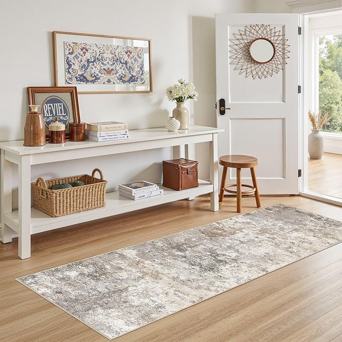 2X6 Washable Runner Rug for Hallway: Soft Neutral Modern Abstract Area Rug - Non-Slip Low Pile Long Throw Indoor Carpet for Kitchen Entryway Kitchen Bedroom Laundry Bathroom - Brown Grey