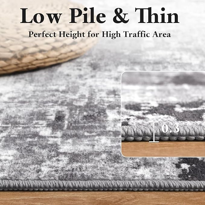 Washable Abstract Runner Rug, 2x6 Modern Area Rugs with Non-Slip Rubber Backed for Kitchen, Thin but Soft Contemporary Carpet Bedroom Entryway Hallway Decor, Dark Grey