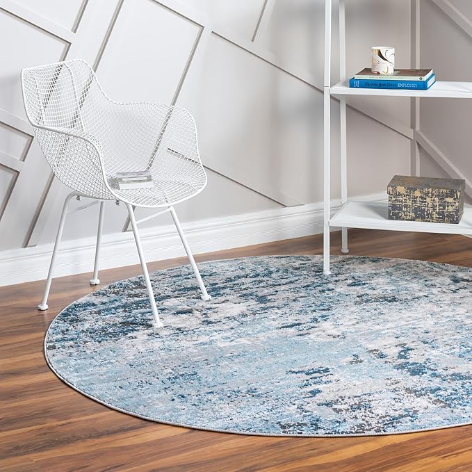 Rugs.com Leipzig Collection Rug – 5 Ft Round Blue Low-Pile Rug Perfect for Kitchens, Dining Rooms