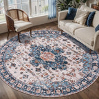 Tangsoo Vintage Round Rug 4ft, Washable Circle Rug, Non Slip Small Boho Round Rug, Low Pile Circular Rugs, Round Carpet for Bedroom,Entryway,Nursery,Dorm,Kitchen,Blue/Orange