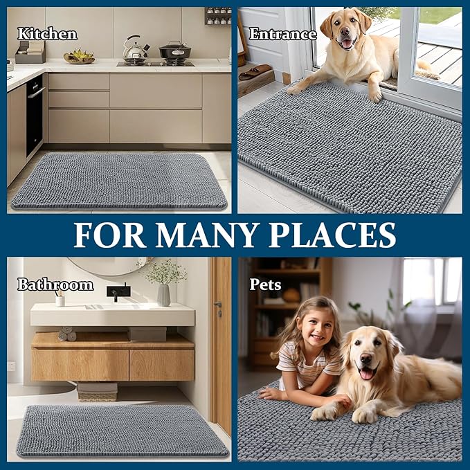 OLANLY Dog Door Mat for Muddy Paws 32x20, Absorbs Moisture and Dirt, Absorbent Non-Slip Washable Doormat, Quick Dry Chenille Mud Mat for Dogs, Entry Indoor Entryway Carpet for Inside Floor, Grey