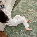 jinchan Round Rug 8ft Area Rugs,Vintage Floral Distressed Design Machine Washable Soft Non-Slip Low-Pile Ultra-Thin Circle Rug for Living Room Dining Room Bedroom Home Office (8' Round,Dark Green)