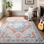 8x10 Area Rugs for Living Room, Machine Washable Non-Slip Low Pile Faux Wool Boho Vintage Carpet, Non-Shedding Large Rug for Bedroom Dining Room Office, Pastel Orange