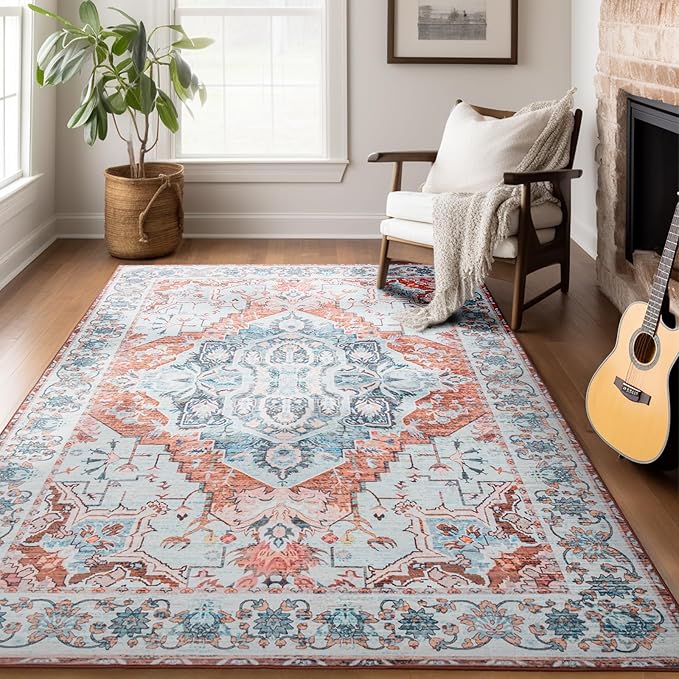 Area Rug for Living Room, 9x12 Machine Washable Non Slip Large Faux Wool Throw Rug, 0.3″ Low Pile & Non-Shedding Boho Large Carpet Rugs for for Dining Room, Bedroom, Office (Pastel Orange)