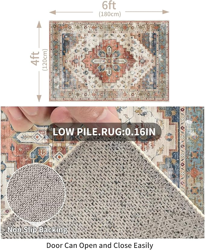 Enkor Area Soft Rugs 4x6 Washable Non Slip Boho Floor Rugs for Living Room Bedroom, Vintage Style Farmhouse Mat for Kitchen Entryway Beige & Red