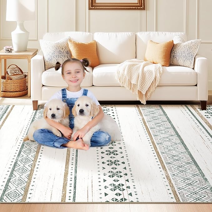 BESTSWEETIE 5x7 Area Rugs for Living Room Washable Moroccan Farmhouse Neutral Geometric Low Pile Non-Slip Soft Print Pattern Rug for Bedroom Kitchen Dining Room Entryway Green/Brown/Brown