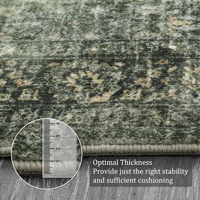 Morebes Washable Green Area Rugs 4x6, Vintage Boho Rugs for Bedroom, Soft Distressed Indoor Floor Non-Slip Non-Shedding Living Room Throw Carpet for Kitchen Dining Playroom Entryway Christmas Decor