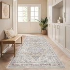 Runner Rug Kitchen Washable Rugs: 3x8 Non-Slip Boho Soft Vintage Stain Resistant Indoor Floor Neutral Farmhouse Throw Carpet for Hallway Bathroom Laundry Room Entryway Bedroom- Ivory Gray