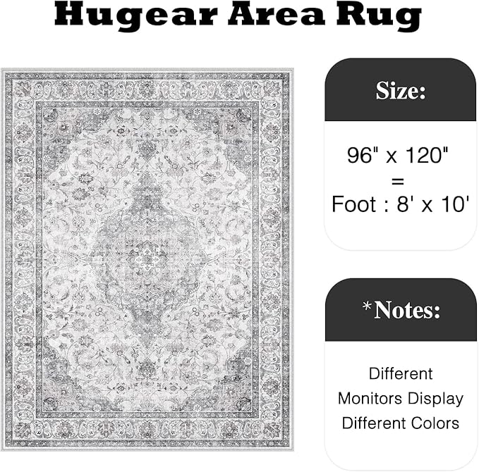 HUGEAR Area Rug 8x10 Vintage Grey Machine Washable Living Room Rugs Thin Neutral Floral Vacuumable Low Pile Carpet Bedroom Office Dining Room Laundry Room Non Slip Soft Lightweight