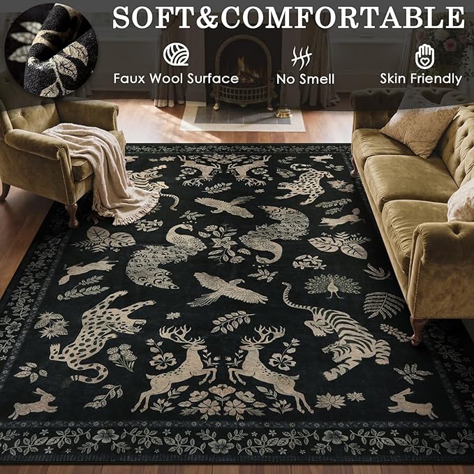 Moynesa Vintage Animal Washable Area Rugs 5x7, Retro Black Gold Area Rug for Bedroom Living Room Dining Room Office Study, Low Pile Soft Non-Slip Lightweight Carpets for Home Decor