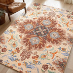 Phantoscope Washable Area Rug 6'x9' Non-Slip, Vintage Boho Rugs for Living Room, Bedroom, Dining Room, Fall Orange Floral Medallion Pattern, Low-Pile Foldable Floor Carpet, Rust/Multi Floral