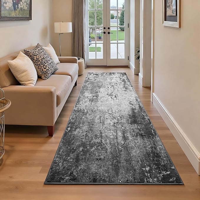 2.6x8 Black Rug Runners for Hallways Kitchen Runner Rug Non Slip Washable Black Long Runner Rugs with Rubber Backing Soft Abstract Carpet Runner for Bedroom, Kitchen, Bathroom, Entryway