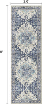 2'6''x8 Runner Rugs for Hallway, Machine Washable Non Slip Vintage Rugs, Low Pile Lightweight Soft Print Rug for enrtyway, Corridor, Home Office, Kitchen, Center Blue