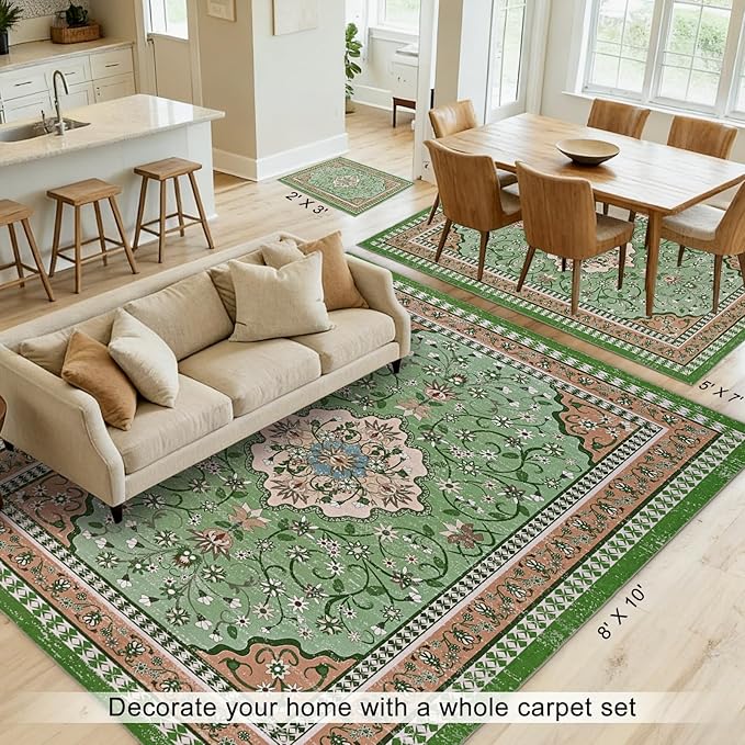 Luxury 8' x 10' Green Washable Area Rugs, Boho Low Pile Easy Clean Non-Slip Rug, Floral Medallion Pattern Vintage Rugs for Living Room, Dinning Room, Office, Bedroom, Bathroom, Laundry Room, Farmhouse